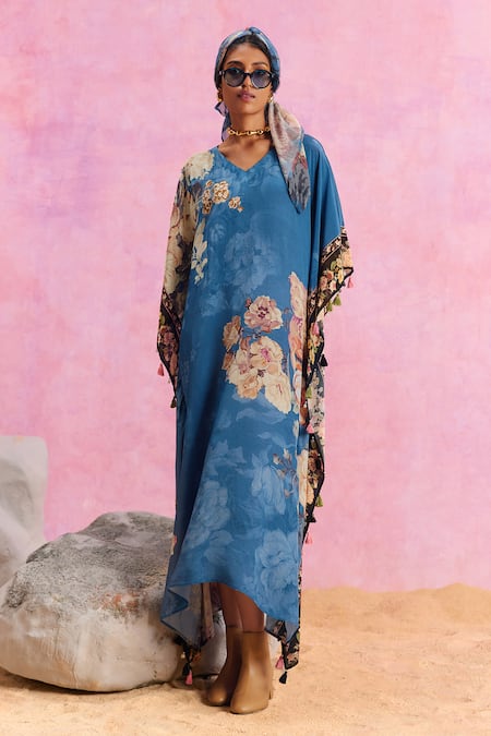 Shop_Kalista_Blue Viscose, Crepe Tassels V-neck Savana French Bloom Print Kaftan 