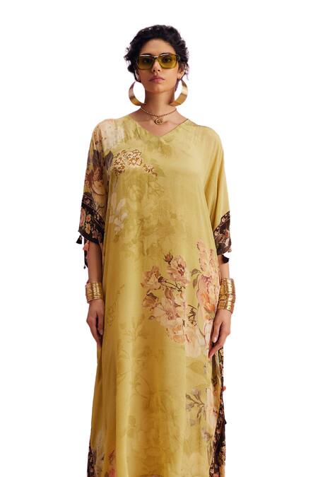 Kalista_Green Viscose, Crepe Tassels V-neck Savana French Blossom Print Kaftan _Online_at_Aza_Fashions
