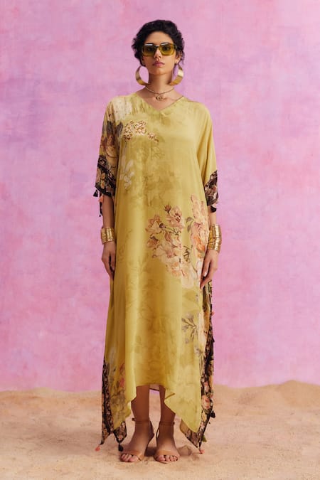 Buy_Kalista_Green Viscose, Crepe Tassels V-neck Savana French Blossom Print Kaftan _Online_at_Aza_Fashions