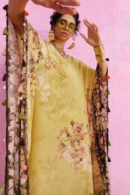 Shop_Kalista_Green Viscose, Crepe Tassels V-neck Savana French Blossom Print Kaftan _Online_at_Aza_Fashions