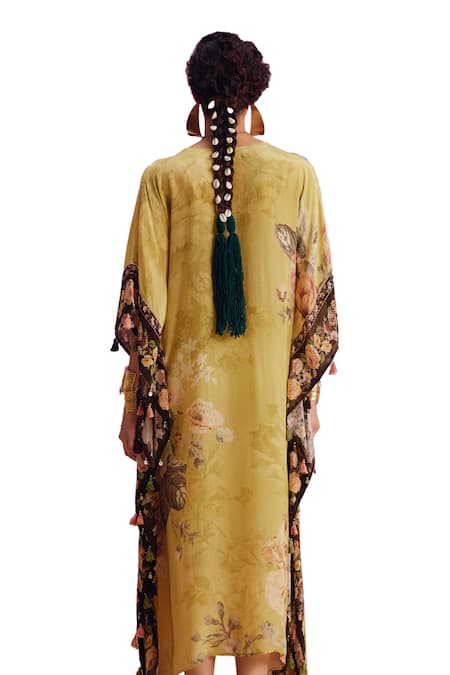 Kalista_Green Viscose, Crepe Tassels V-neck Savana French Blossom Print Kaftan _at_Aza_Fashions