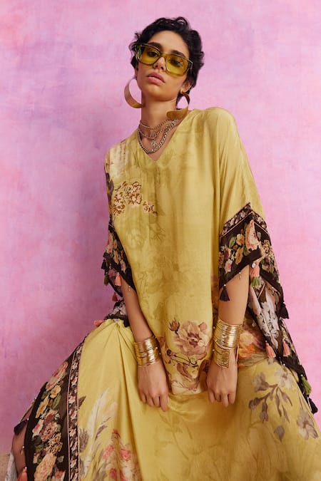 Buy_Kalista_Green Viscose, Crepe Tassels V-neck Savana French Blossom Print Kaftan 