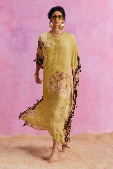 Shop_Kalista_Green Viscose, Crepe Tassels V-neck Savana French Blossom Print Kaftan 