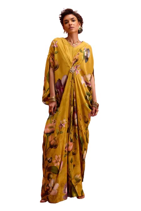 Kalista_Yellow Viscose Beads V-neck Maisha Tulip Garden Print Draped Kaftan _Online_at_Aza_Fashions