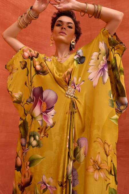 Buy_Kalista_Yellow Viscose Beads V-neck Maisha Tulip Garden Print Draped Kaftan _Online_at_Aza_Fashions