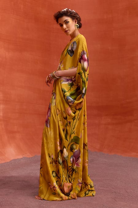 Shop_Kalista_Yellow Viscose Beads V-neck Maisha Tulip Garden Print Draped Kaftan _Online_at_Aza_Fashions