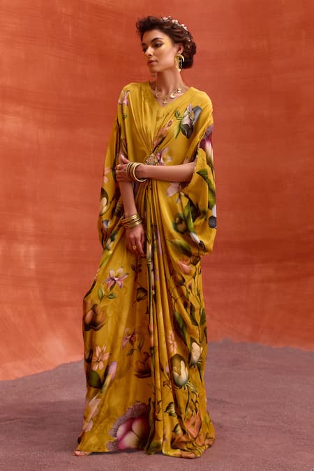 Buy_Kalista_Yellow Viscose Beads V-neck Maisha Tulip Garden Print Draped Kaftan 