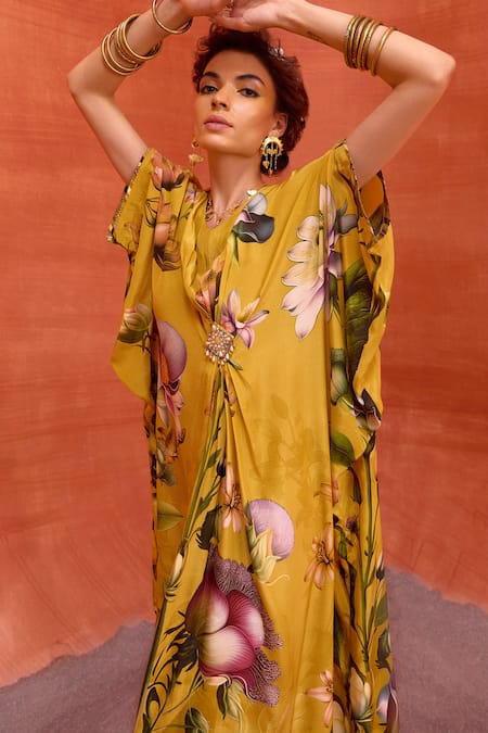 Shop_Kalista_Yellow Viscose Beads V-neck Maisha Tulip Garden Print Draped Kaftan 