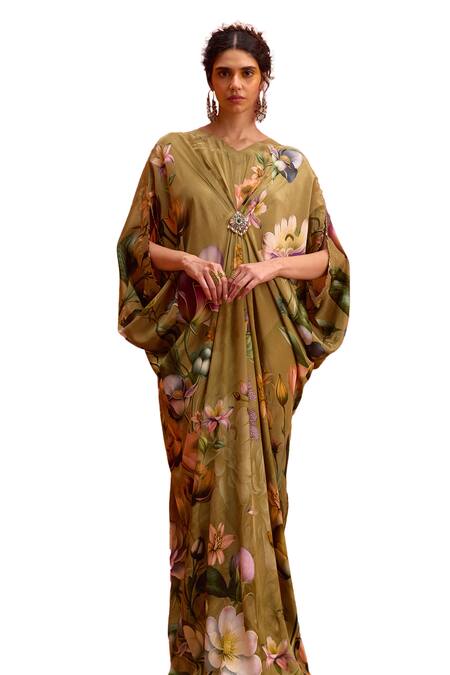 Kalista_Brown Viscose, Crepe Beads V-neck Maisha Tulip Bloom Print Draped Kaftan _Online_at_Aza_Fashions