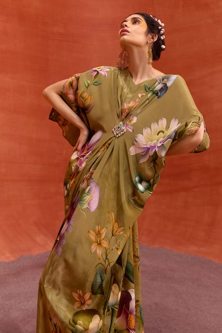Buy_Kalista_Brown Viscose, Crepe Beads V-neck Maisha Tulip Bloom Print Draped Kaftan _Online_at_Aza_Fashions