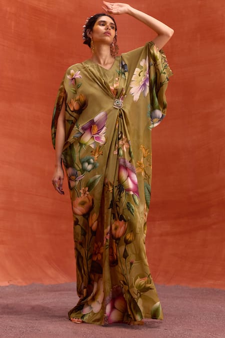 Shop_Kalista_Brown Viscose, Crepe Beads V-neck Maisha Tulip Bloom Print Draped Kaftan _Online_at_Aza_Fashions