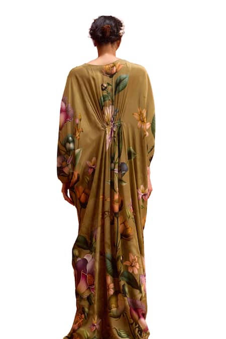 Kalista_Brown Viscose, Crepe Beads V-neck Maisha Tulip Bloom Print Draped Kaftan _at_Aza_Fashions