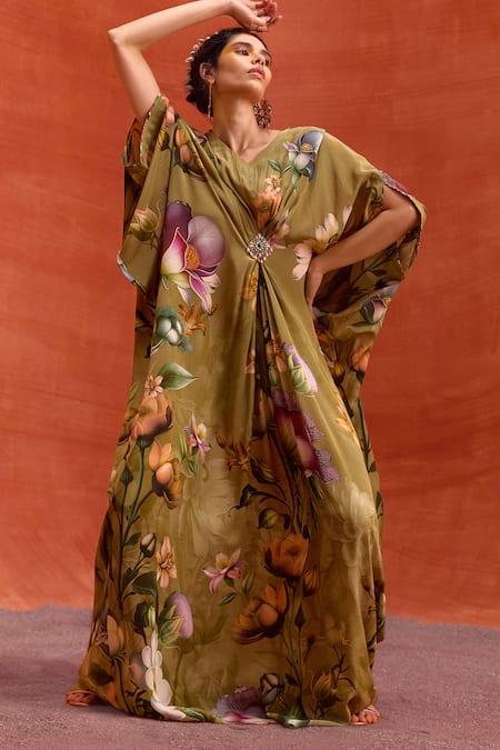 Buy_Kalista_Brown Viscose, Crepe Beads V-neck Maisha Tulip Bloom Print Draped Kaftan 