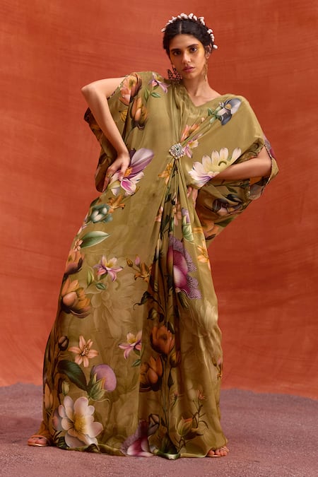 Shop_Kalista_Brown Viscose, Crepe Beads V-neck Maisha Tulip Bloom Print Draped Kaftan 