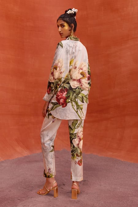 Shop_Kalista_Grey Viscose, Rayon Embroidery Collared Fresh Bloom Print Shirt With Pant _at_Aza_Fashions