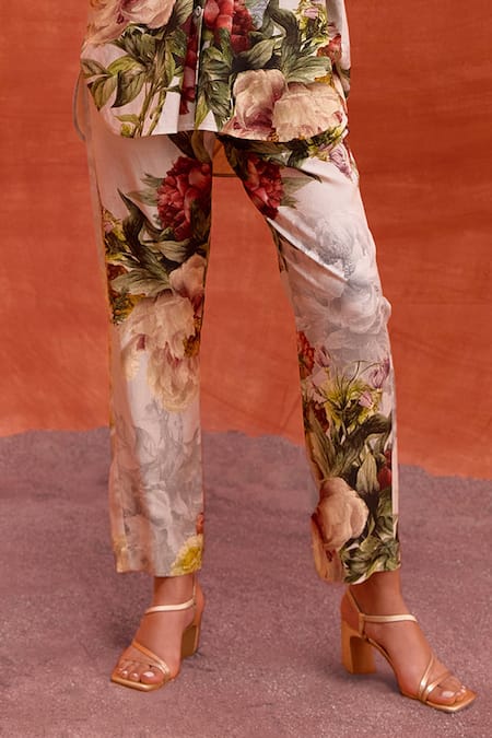 Kalista_Grey Viscose, Rayon Embroidery Collared Fresh Bloom Print Shirt With Pant _Online_at_Aza_Fashions