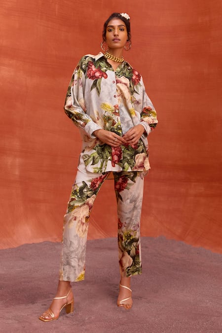 Buy_Kalista_Grey Viscose, Rayon Embroidery Collared Fresh Bloom Print Shirt With Pant _Online_at_Aza_Fashions