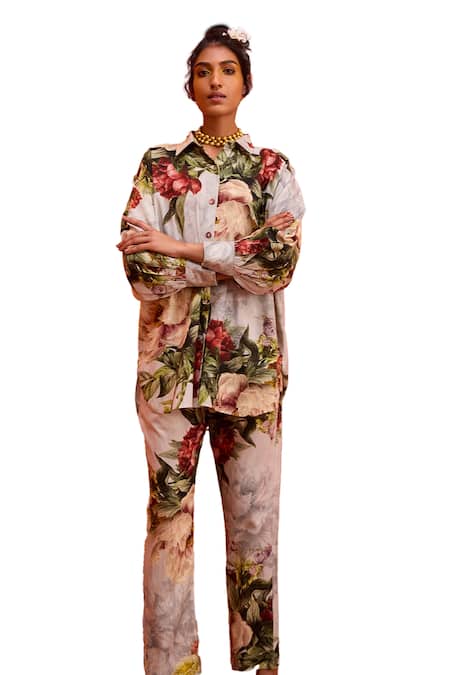 Shop_Kalista_Grey Viscose, Rayon Embroidery Collared Fresh Bloom Print Shirt With Pant _Online_at_Aza_Fashions