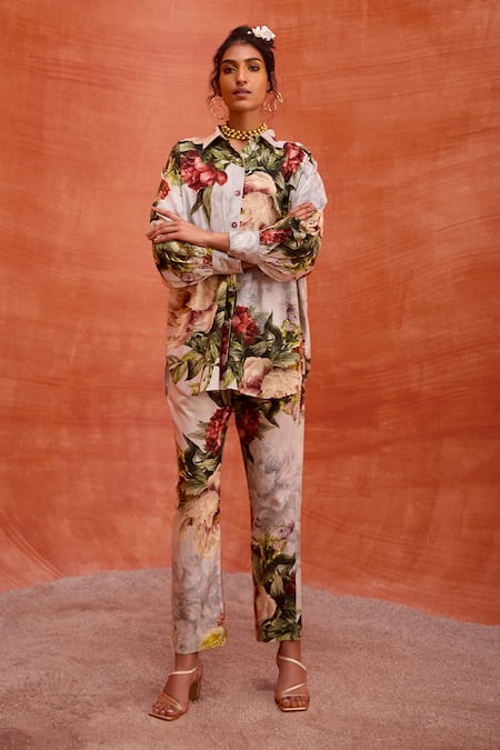 Kalista_Grey Viscose, Rayon Embroidery Collared Fresh Bloom Print Shirt With Pant _at_Aza_Fashions
