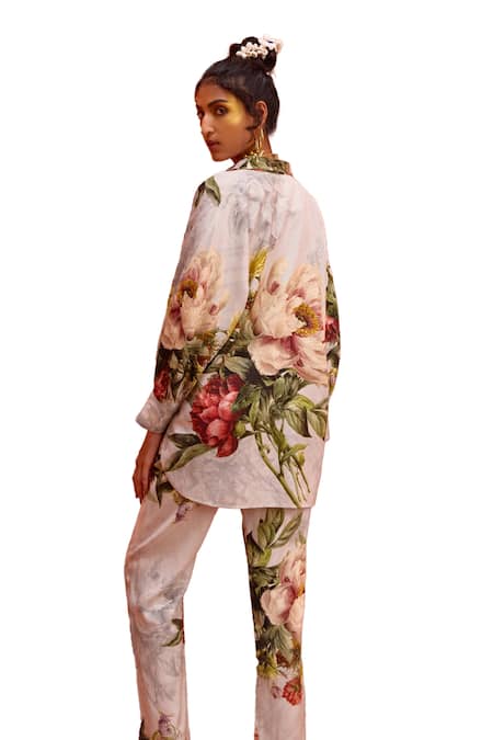 Buy_Kalista_Grey Viscose, Rayon Embroidery Collared Fresh Bloom Print Shirt With Pant 