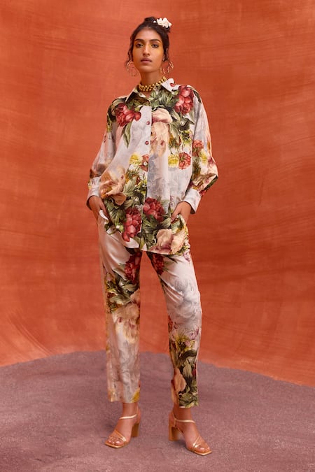 Shop_Kalista_Grey Viscose, Rayon Embroidery Collared Fresh Bloom Print Shirt With Pant 