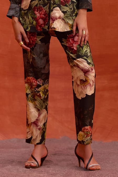Buy_Kalista_Black Viscose, Rayon Collared Fresh Blossom Print Shirt With Pant _Online_at_Aza_Fashions