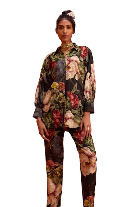 Shop_Kalista_Black Viscose, Rayon Collared Fresh Blossom Print Shirt With Pant _Online_at_Aza_Fashions