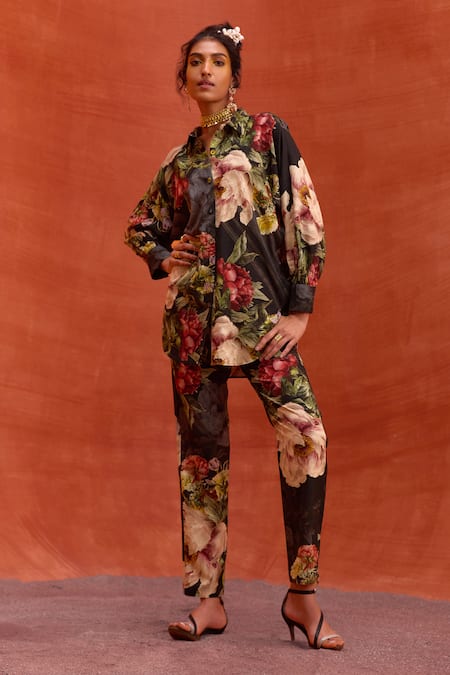 Kalista_Black Viscose, Rayon Collared Fresh Blossom Print Shirt With Pant _at_Aza_Fashions