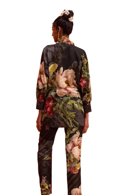 Shop_Kalista_Black Viscose, Rayon Collared Fresh Blossom Print Shirt With Pant 