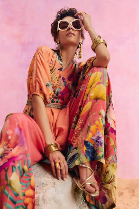 Buy_Kalista_Orange Viscose Embroidery Collared Floriana Bloom Print Jumpsuit 