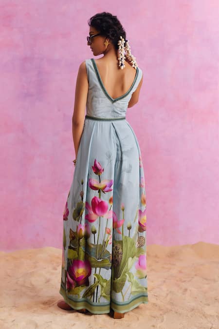 Kalista_Blue Viscose Beads V-neck Isra Lotus Paradise Print Jumpsuit _Online_at_Aza_Fashions