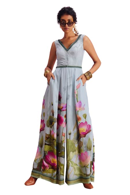 Buy_Kalista_Blue Viscose Beads V-neck Isra Lotus Paradise Print Jumpsuit _Online_at_Aza_Fashions