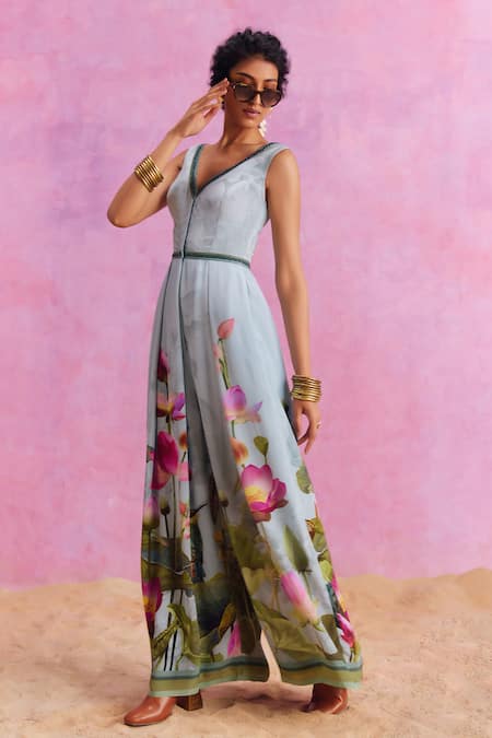 Shop_Kalista_Blue Viscose Beads V-neck Isra Lotus Paradise Print Jumpsuit _Online_at_Aza_Fashions
