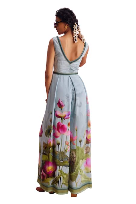 Kalista_Blue Viscose Beads V-neck Isra Lotus Paradise Print Jumpsuit _at_Aza_Fashions
