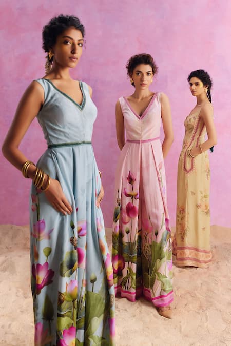 Buy_Kalista_Blue Viscose Beads V-neck Isra Lotus Paradise Print Jumpsuit 