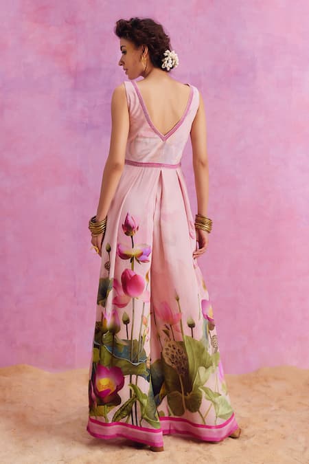 Kalista_Pink Viscose, Crepe Beads V-neck Isra Lotus Bliss Print Jumpsuit _Online_at_Aza_Fashions