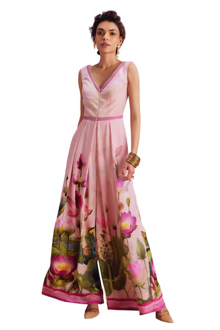 Buy_Kalista_Pink Viscose, Crepe Beads V-neck Isra Lotus Bliss Print Jumpsuit _Online_at_Aza_Fashions
