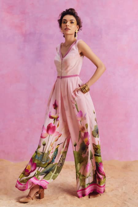 Shop_Kalista_Pink Viscose, Crepe Beads V-neck Isra Lotus Bliss Print Jumpsuit _Online_at_Aza_Fashions