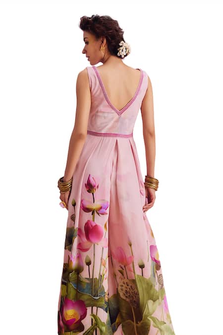 Kalista_Pink Viscose, Crepe Beads V-neck Isra Lotus Bliss Print Jumpsuit _at_Aza_Fashions