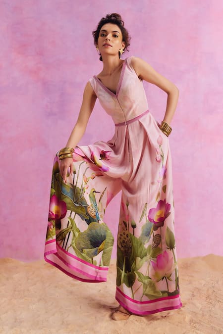Buy_Kalista_Pink Viscose, Crepe Beads V-neck Isra Lotus Bliss Print Jumpsuit 