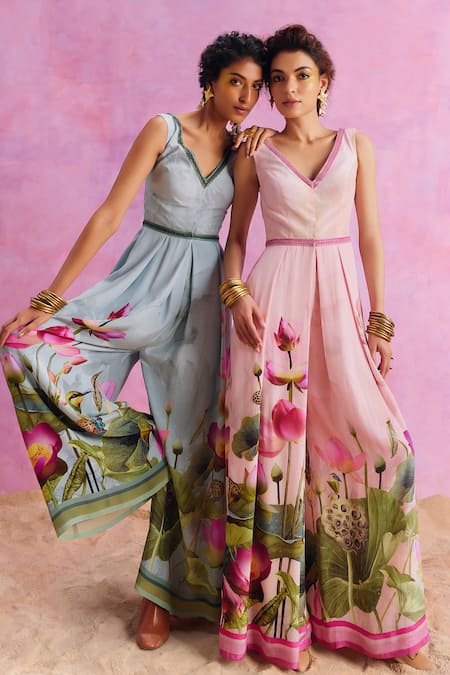 Shop_Kalista_Pink Viscose, Crepe Beads V-neck Isra Lotus Bliss Print Jumpsuit 