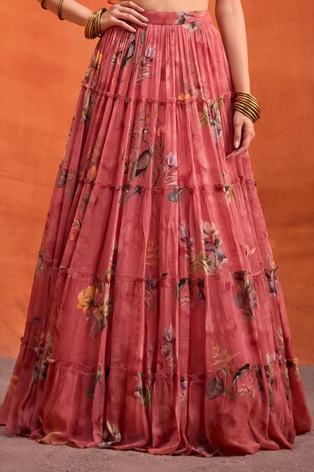 Kalista_Pink Viscose, Georgette Delphine Budding Bloom Print Blouse With Tiered Skirt _Online_at_Aza_Fashions