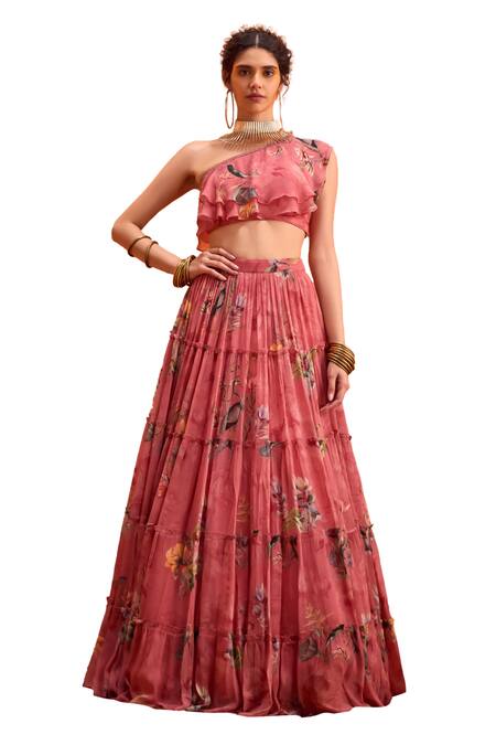 Buy_Kalista_Pink Viscose, Georgette Delphine Budding Bloom Print Blouse With Tiered Skirt _Online_at_Aza_Fashions