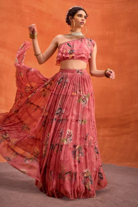 Shop_Kalista_Pink Viscose, Georgette Delphine Budding Bloom Print Blouse With Tiered Skirt _Online_at_Aza_Fashions