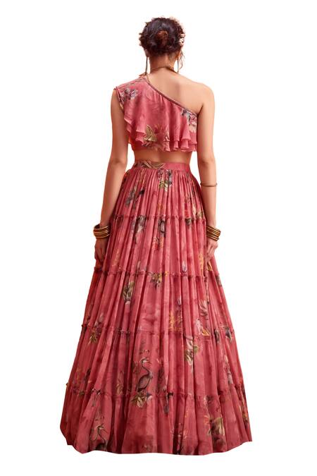 Kalista_Pink Viscose, Georgette Delphine Budding Bloom Print Blouse With Tiered Skirt _at_Aza_Fashions