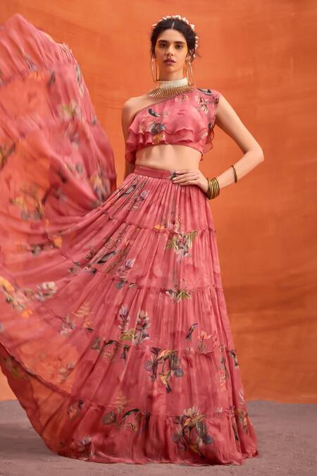 Buy_Kalista_Pink Viscose, Georgette Delphine Budding Bloom Print Blouse With Tiered Skirt 