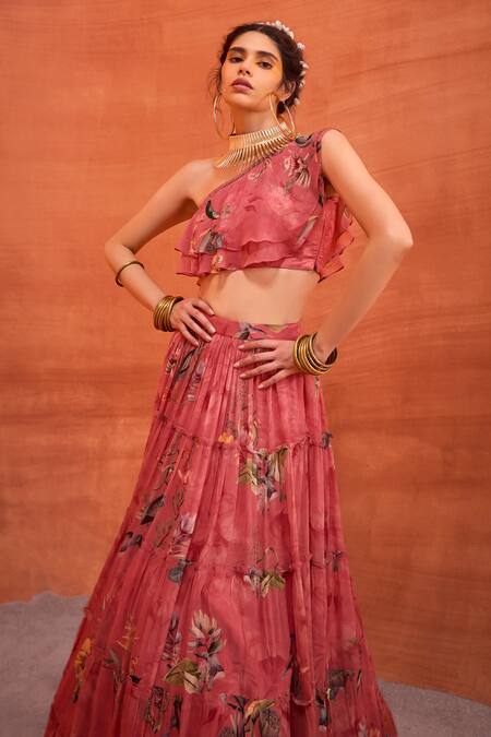 Shop_Kalista_Pink Viscose, Georgette Delphine Budding Bloom Print Blouse With Tiered Skirt 