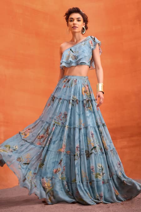Kalista Blue Viscose Georgette Print Delphine Floral Ruffle Blouse With Tiered Skirt