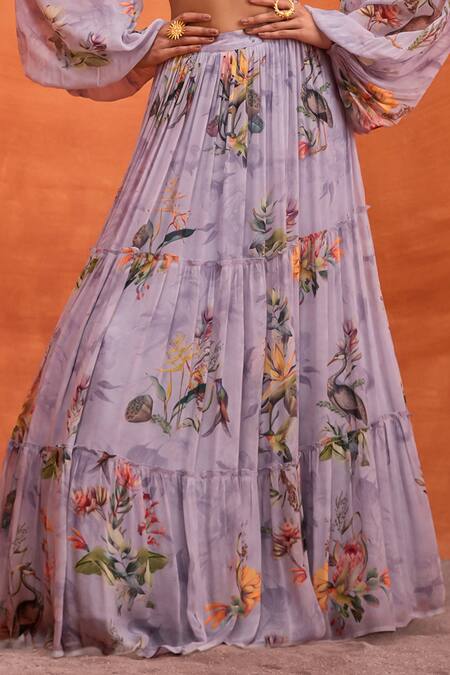 Kalista_Purple Viscose Sophia Forest Bloom Print Cold Shoulder Blouse With Skirt _Online_at_Aza_Fashions