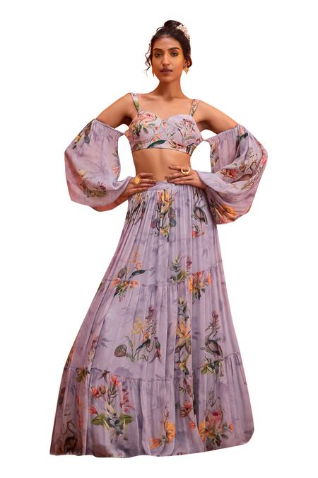 Buy_Kalista_Purple Viscose Sophia Forest Bloom Print Cold Shoulder Blouse With Skirt _Online_at_Aza_Fashions